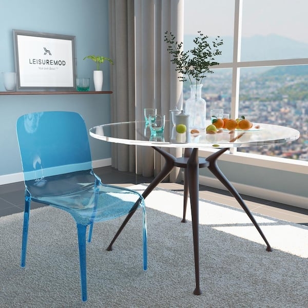 Transparent Blue Molded Dining Chair with Polished Metal Eiffel Legs