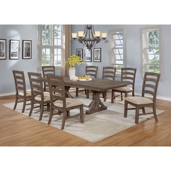 Trestle Dining Set Weathered Grey Finish Nailhead Trim Rustic