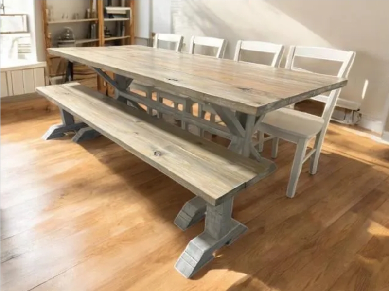 Trestle Dining Set Whitewashed Gray Wood Top Benches