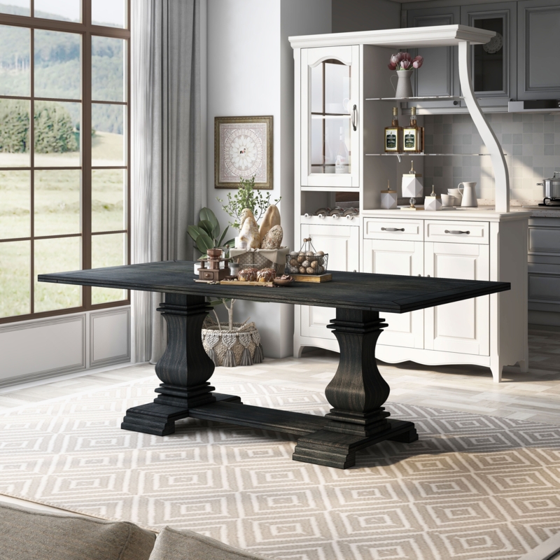 Trestle Dining Table Antique Black Base Two Tone Traditional Farmhouse