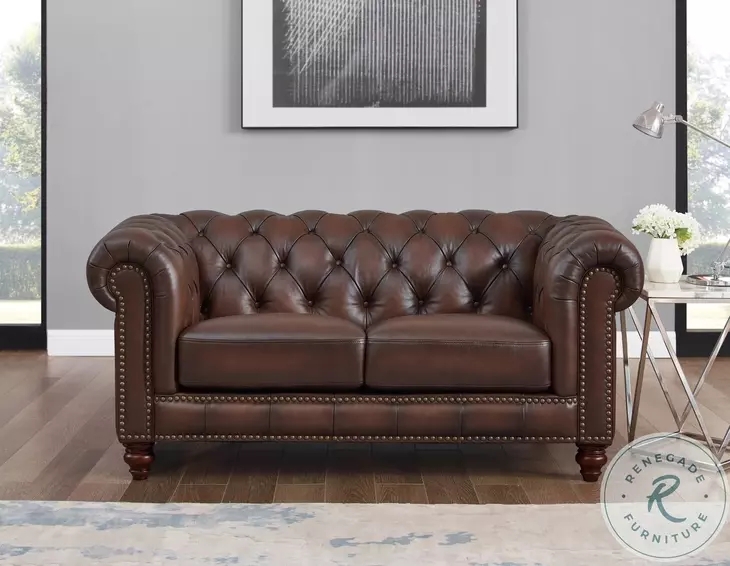 Tufted Caramel Loveseat, Nailhead Trim, Rolled Arms, Transitional Style