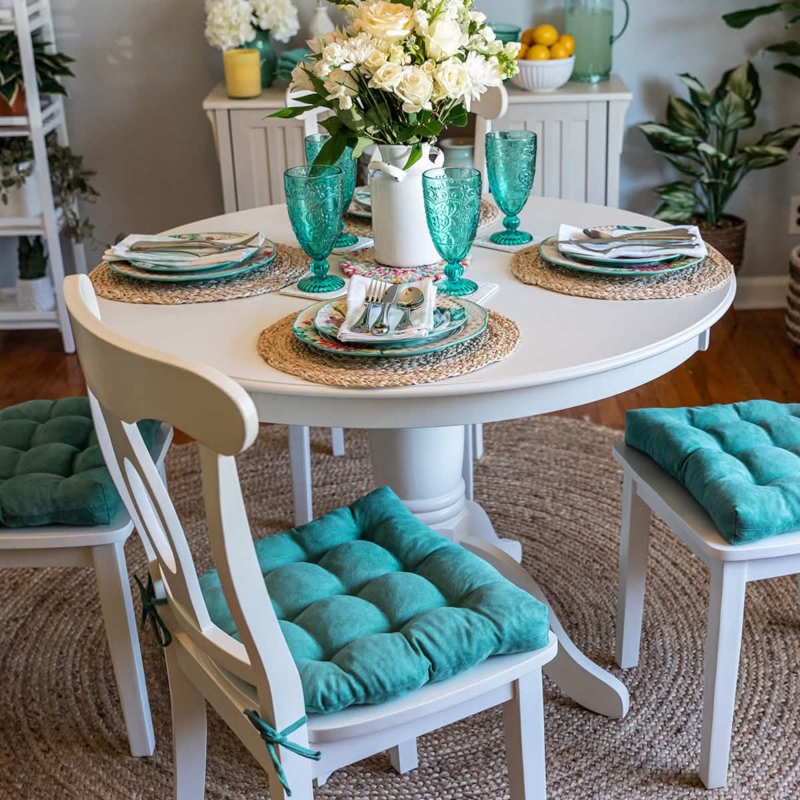 Turquoise Chair Pads, Set of 4, Tufted Micro-Suede with String Ties