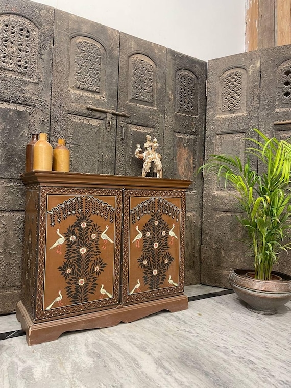 Turquoise Sideboard with Hand Painted Floral Motifs and Carved Details