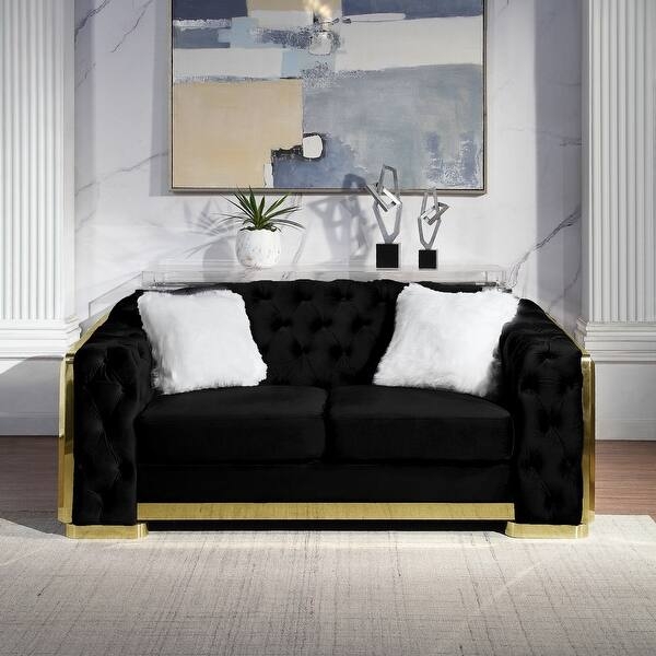 Tuxedo Loveseat Black Velvet with Button Tufting and Gold Legs
