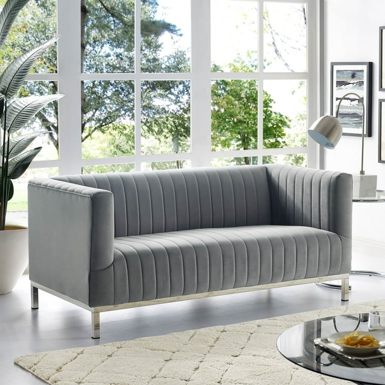 Tuxedo Loveseat in Charcoal Velvet featuring Vertical Channel Tufting.