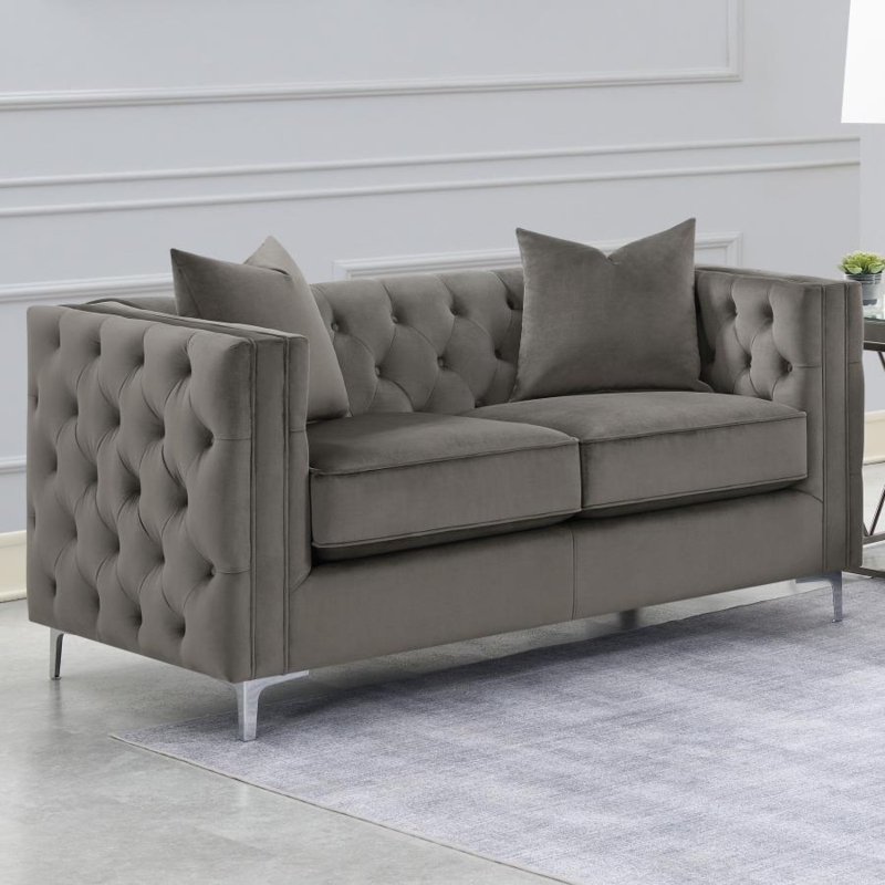 Tuxedo Loveseat Urban Bronze Diamond Tufted with Wood Legs