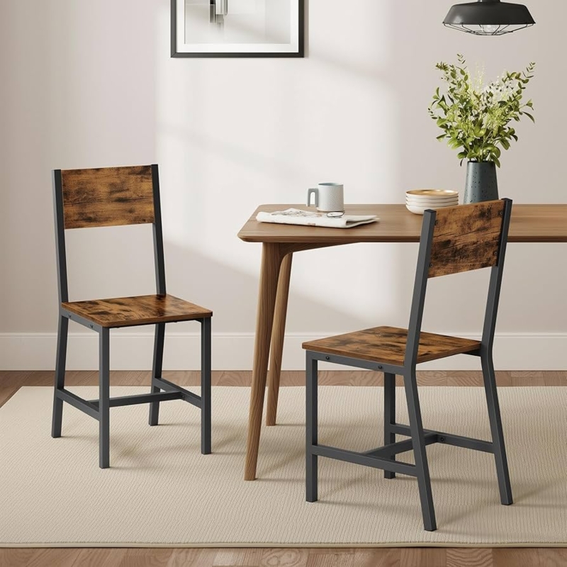 Two Dining Chairs: Wood & Metal Frame with Cross-Brace Support