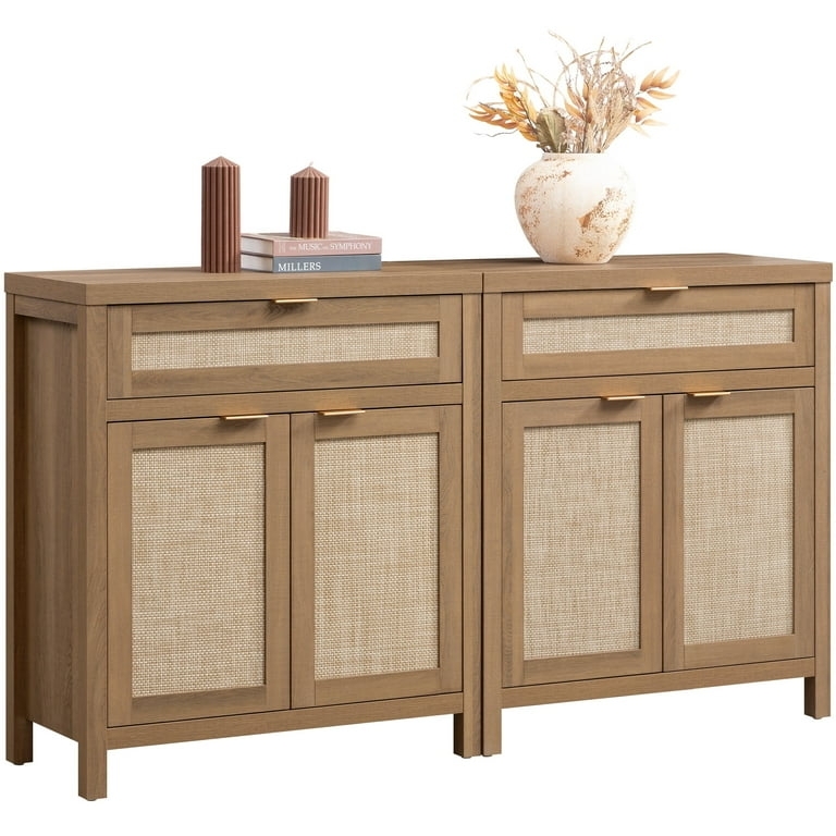 Two-Piece Modular Set Sideboard in Oak Finish with Rattan Panels