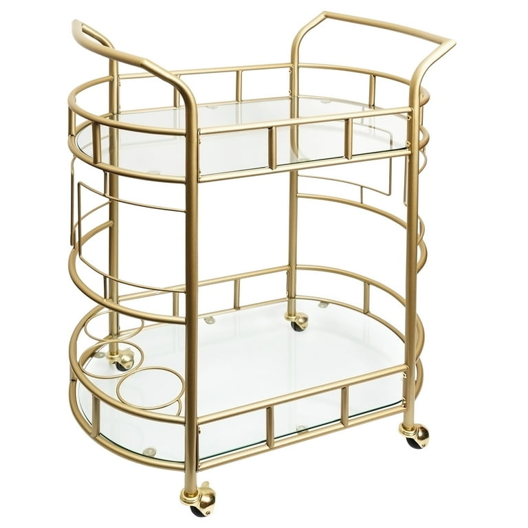 Two Tier Bar Cart with Matte Metal Finish and Glass Shelves