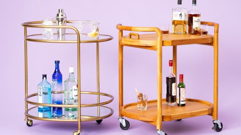 Two-Tier Bar Cart with Rounded Wood Frame and Black Shelves