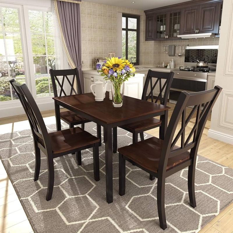 Two-Tone Dining Set: Black & Cherry Slat Back Chairs with Wood Seats