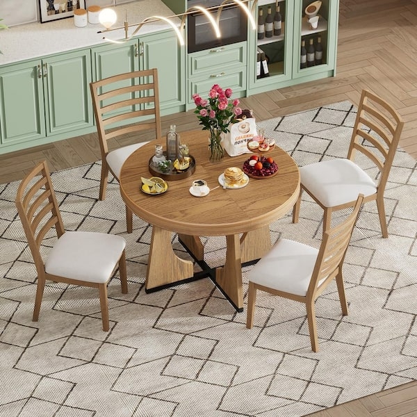 Two-Tone Dining Set featuring Geometric Side Panels and Natural Wood Top