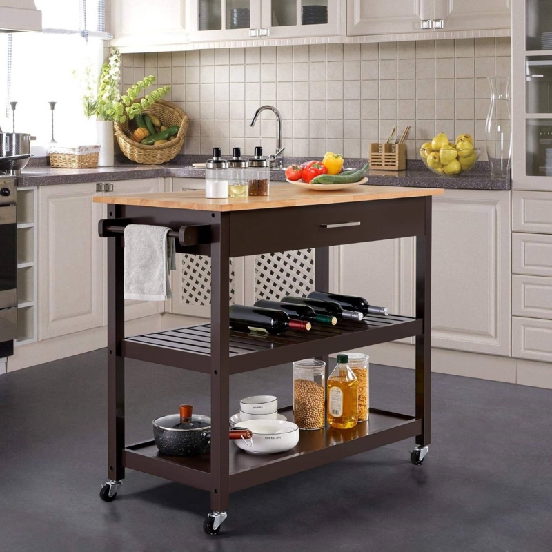Two Tone Kitchen Cart Espresso Natural Wood Slatted Shelves