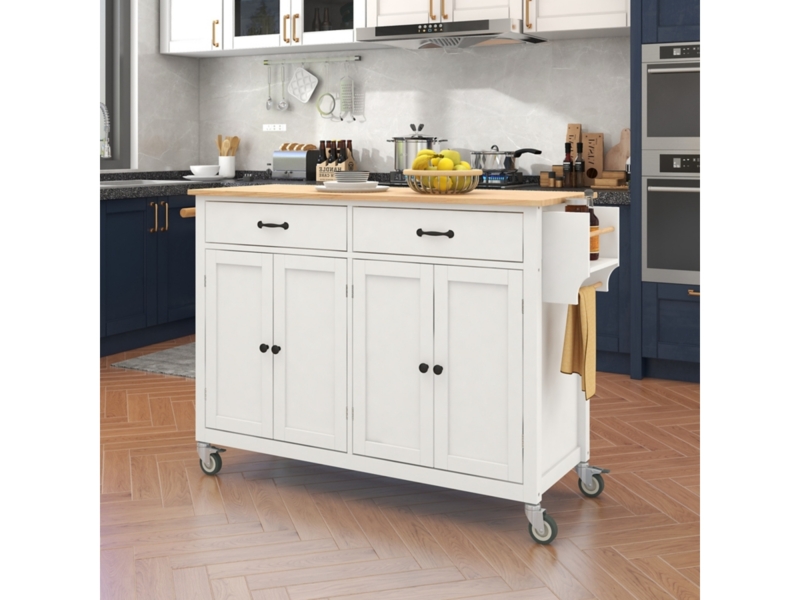 Two Tone Kitchen Island On Wheels With Slatted Shelf Storage
