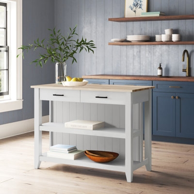 Two-Tone Kitchen Island White & Wood with Slatted Shelf & Towel Bar