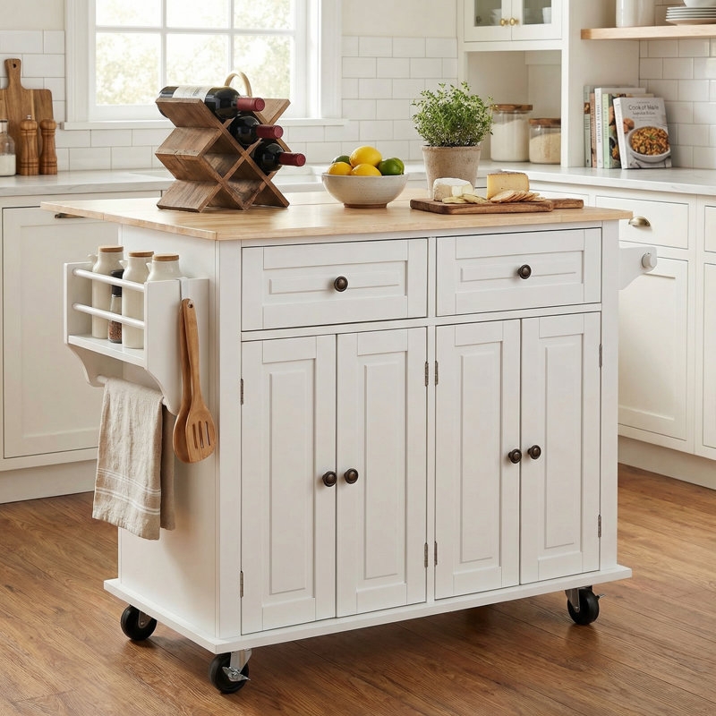 Two Toned Kitchen Prep Station with Drop Leaf and Locking Casters
