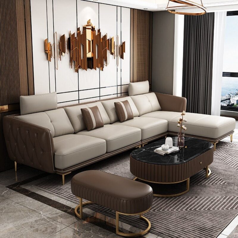 Ultra-Modern Sectional Sofa with Rounded Silhouette in Off-White Leather