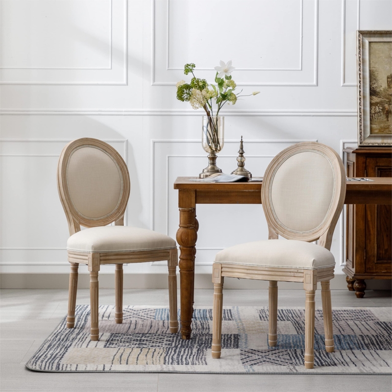 Upholstered Dining Chair: Elegant Beige Linen Oval Back with Fluted Legs