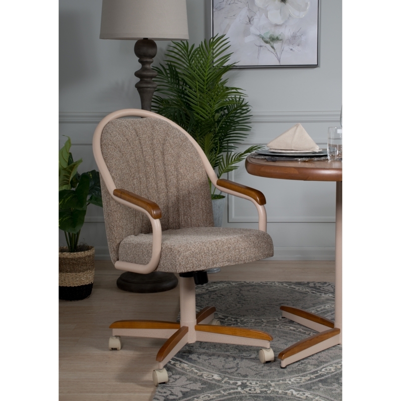 Upholstered Dining Chair with Casters, Cream Swivel Tilt Flared Arms