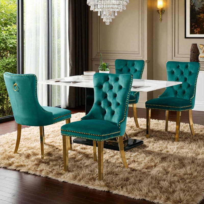 Upholstered Dining Chairs in Navy Velvet with Silver Tapered Legs
