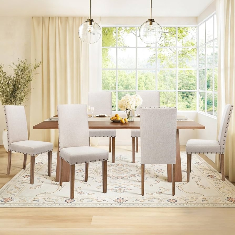 Upholstered Parsons Dining Chair with Bronze Nailheads, High Back