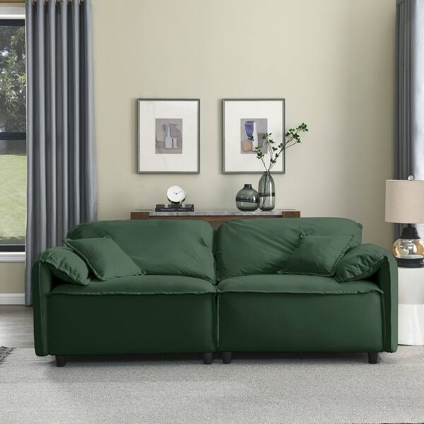 Upholstered Sofa Navy Blue Velvet Button Tufted Back Pillow Arms