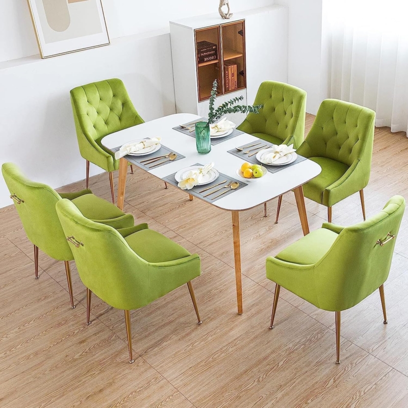 Velvet Dining Chairs Set of 6 Gold Pull Handle Channel Tufted