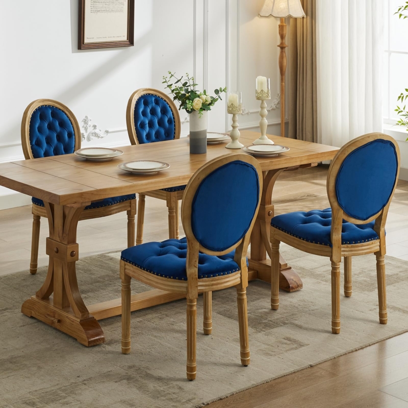 Velvet French Country Dining Chairs with Back Ring Pull and Tufting