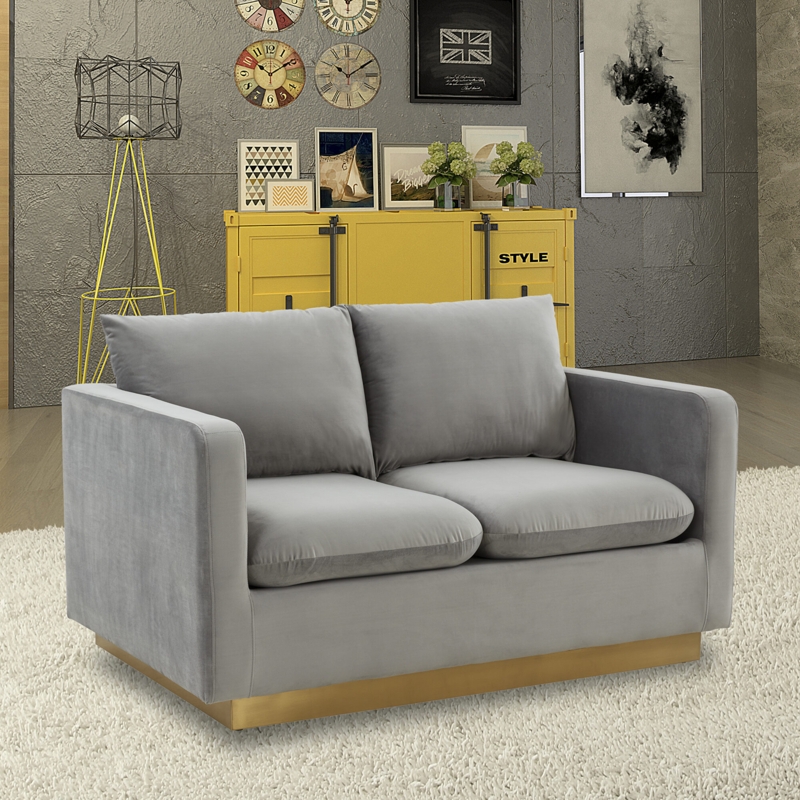 Velvet Loveseat with Gold Frame and Channel Tufting, Grey Glam Sofa