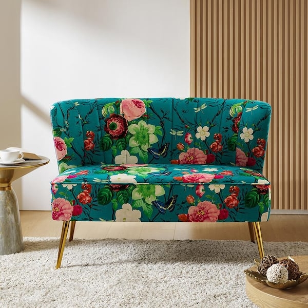 Vibrant Blue Loveseat with Channel Tufted Curved Back and Gold Leg Caps