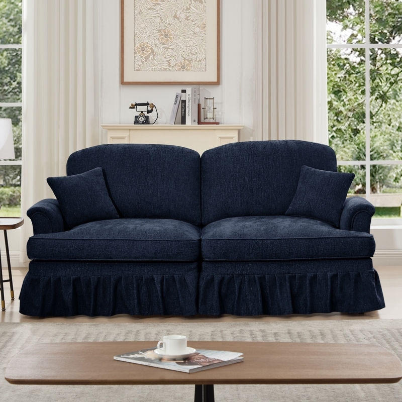 Vibrant Blue Loveseat with Ruffled Skirt and Flared Arms, Retro Sofa