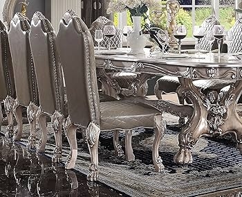Vintage Bone White Dining Set with Ornate Carvings and Tufted Chairs