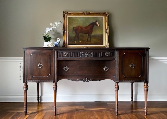 Vintage Burled Wood Sideboard Buffet with Ornate Metal Hardware