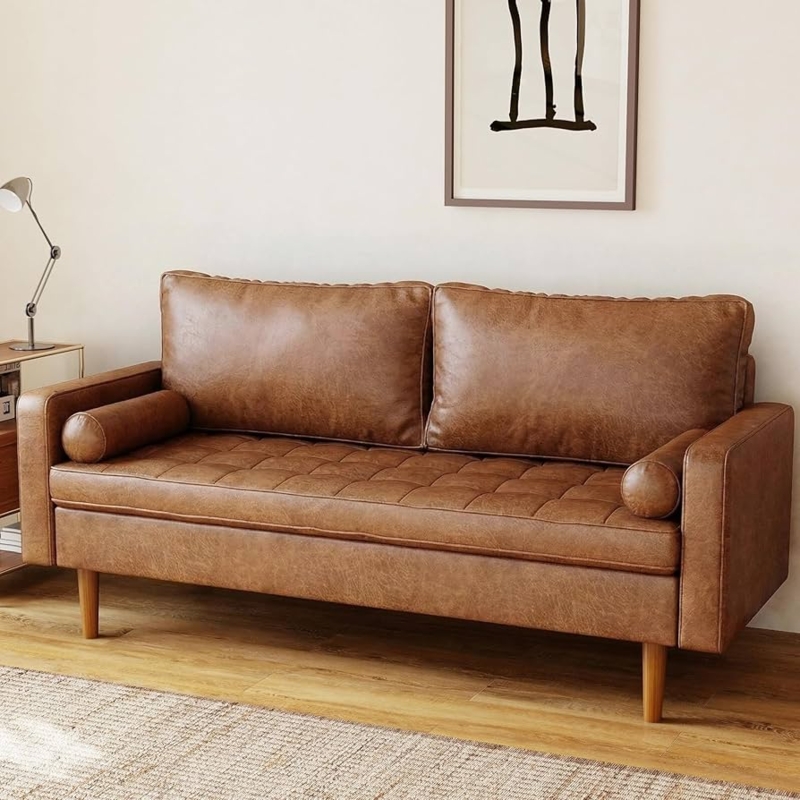 Vintage Style Brown Faux Leather Loveseat with Unique Wood Sled Base