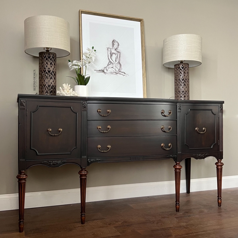 Vintage Style Sideboard in Satin Black Finish with Brass Ring Pulls