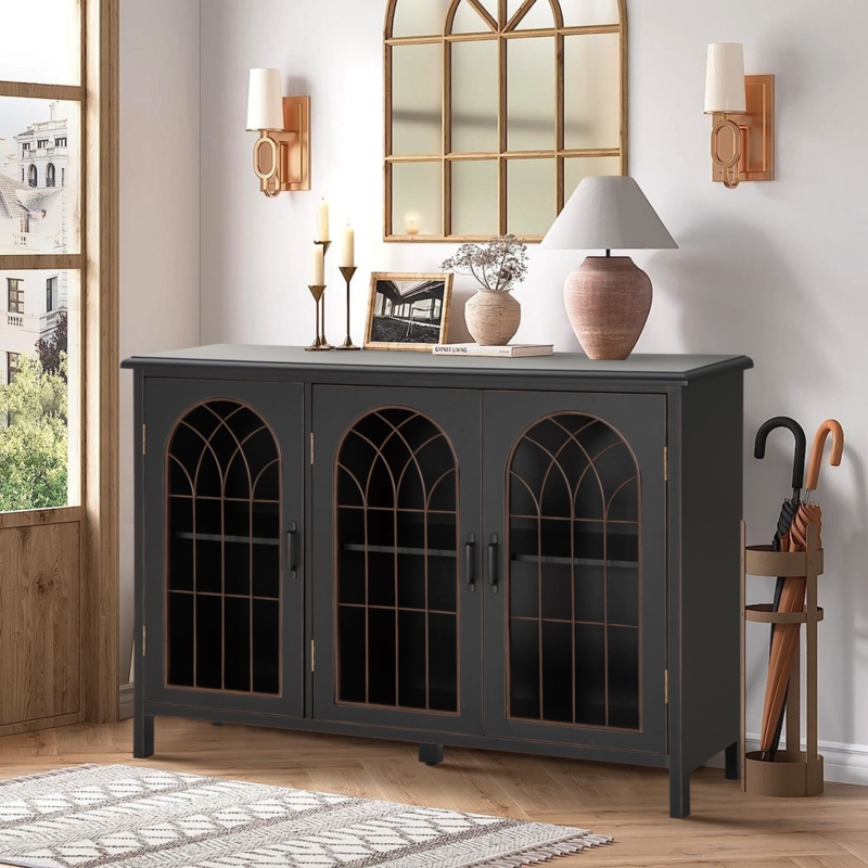 Vintage Wood Accent Cabinet with Wire Mesh Doors and Circular Overlay