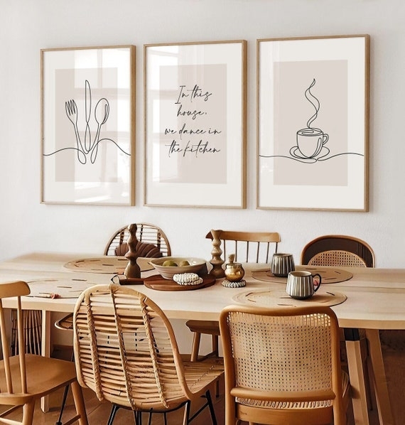 Wall Art Set of 3 Kitchenware Line Art Light Oak Frames Scandinavian