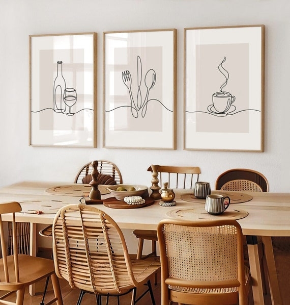 Wall Art Set of 3 Minimalist Beige Kitchen Prints Triptych Layout