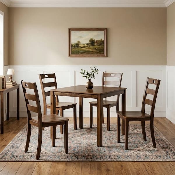 Walnut 5-Piece Dining Set with Square Table Top and Slat Back Chairs