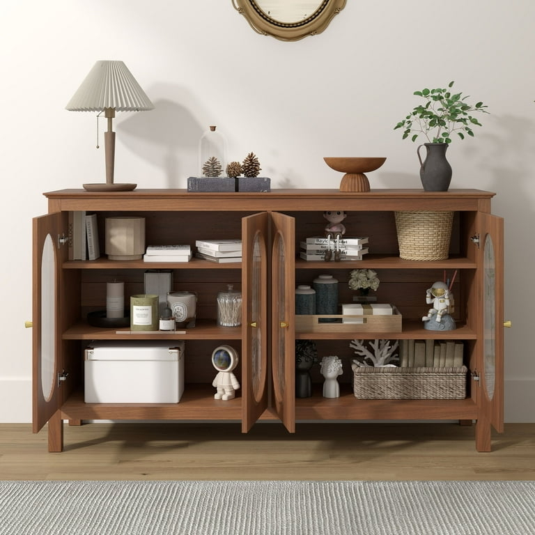 Walnut Buffet Cabinet with Reeded Doors & Gold Knobs