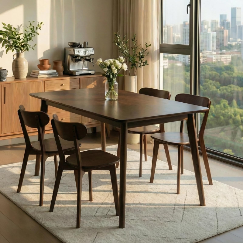 Walnut Finish Dining Chair, Curved Backrest, Tapered Legs