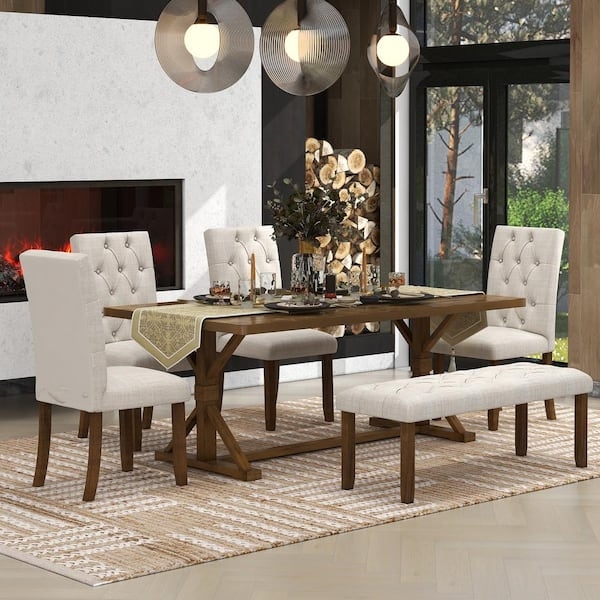 Walnut Finish Dining Set, 6-Piece with Upholstered Bench