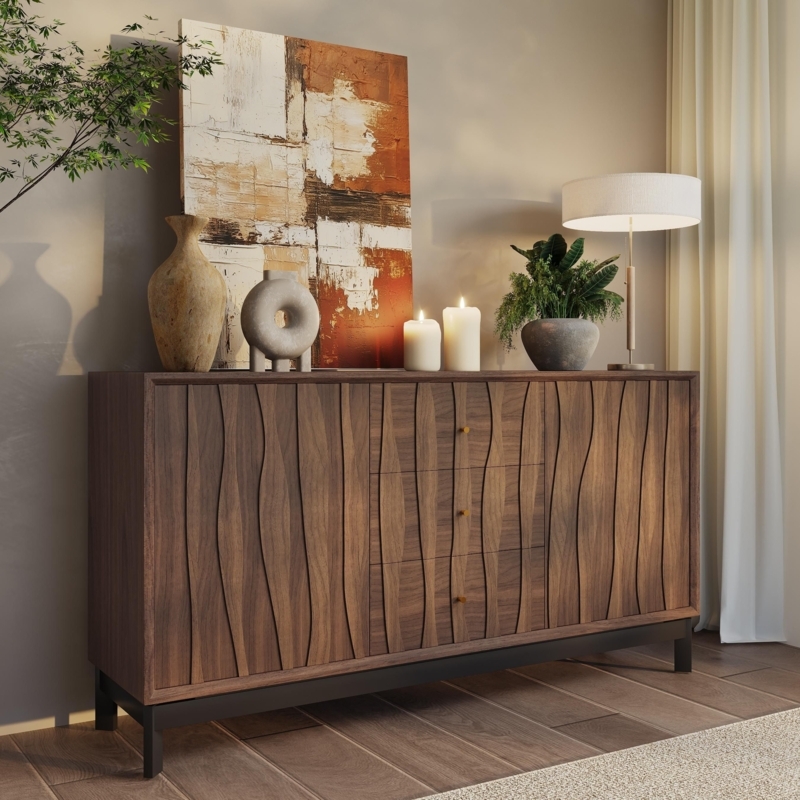 Walnut Sideboard Buffet with Fluted Door Panels and Brass Legs