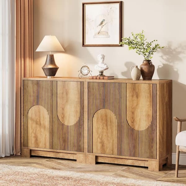 Walnut Sideboard Reeded Doors Gold Base Mid-Century Modern Styling