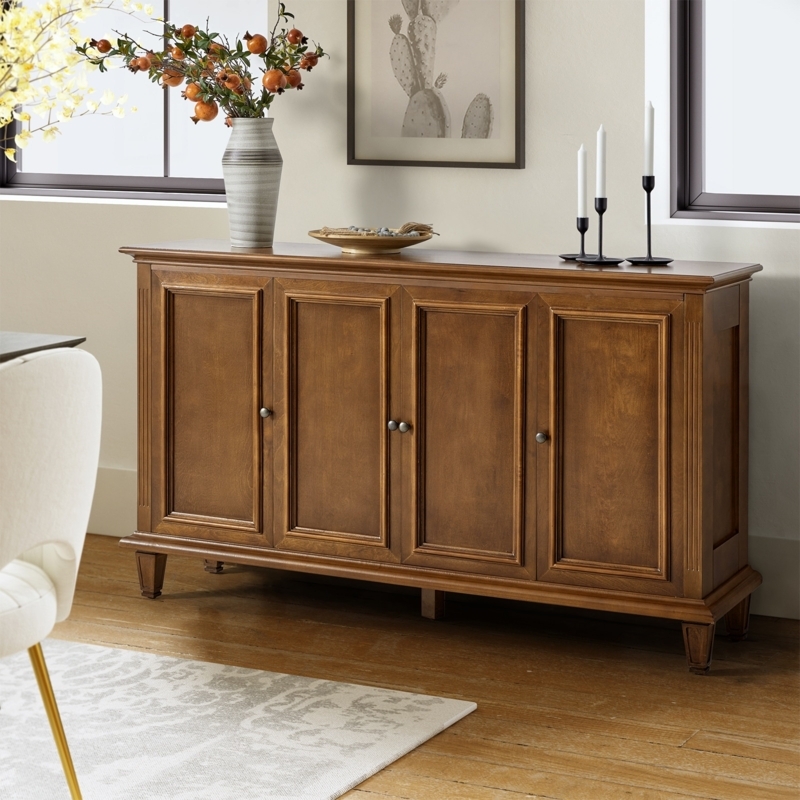 Walnut Wood Sideboard with Center Wine Rack & Geometric Doors
