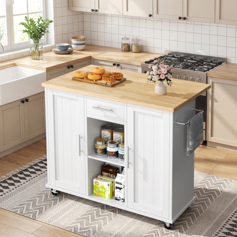 Walsunny Kitchen Islands Carts with Drop Leaf Table 1 Drawer 5 Wheels 2  Magnetic Doors Rolling Storage Cabinet White -