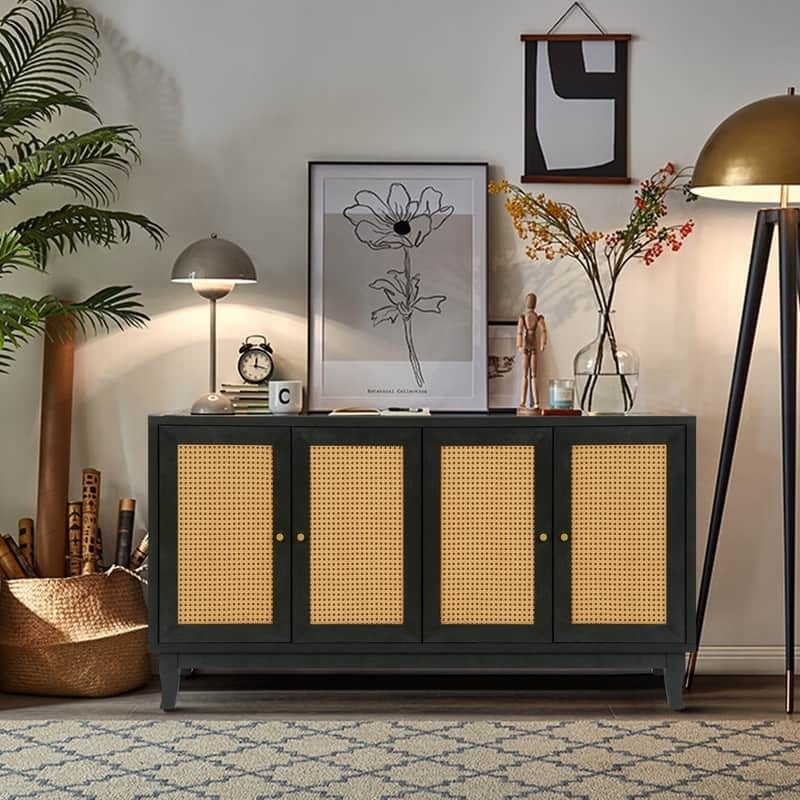 Warm Wood Accent Cabinet with Rattan Panels and Circular Hardware
