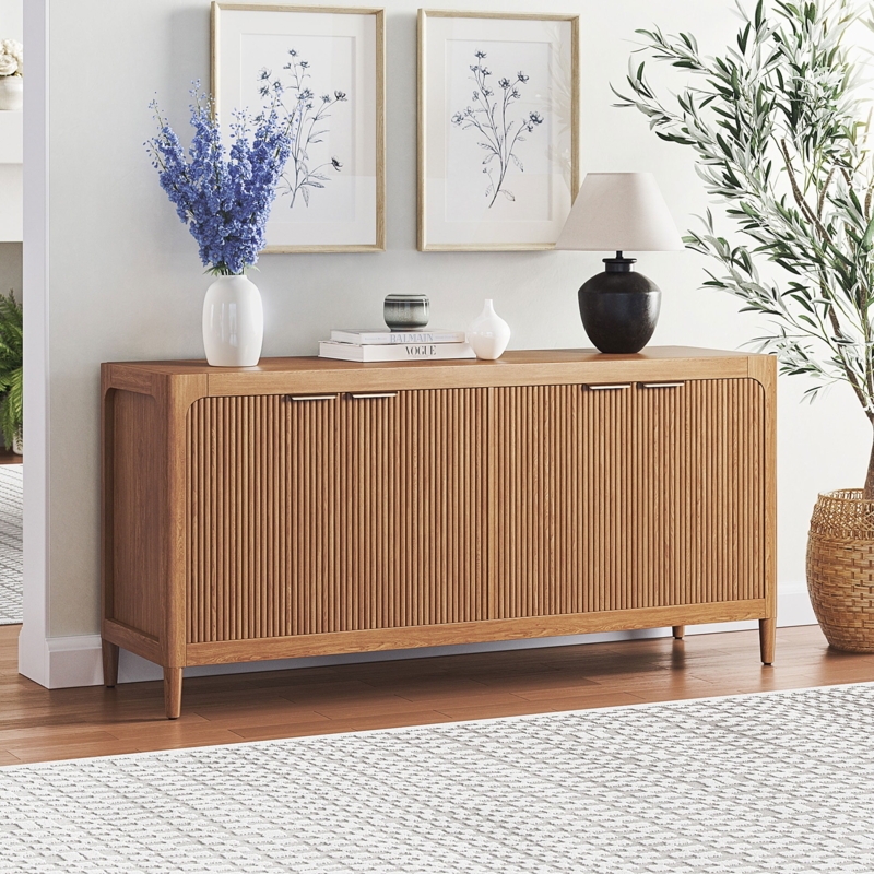 Warm Wood Buffet Cabinet: Fluted Door Sideboard with Metal Pulls