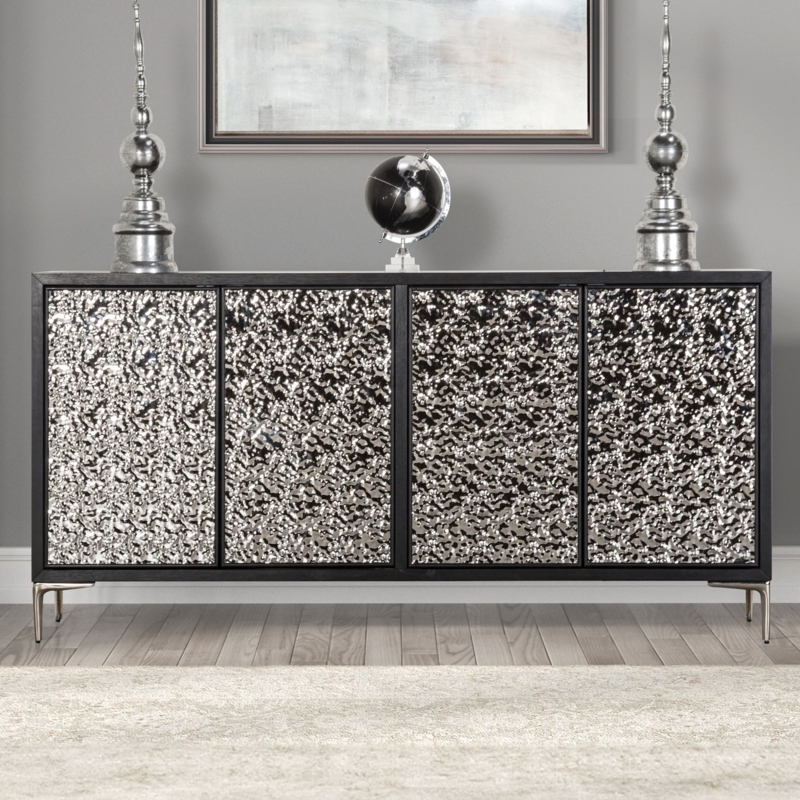 Weathered Black Sideboard with X-Brace Glass Doors and Metal Base