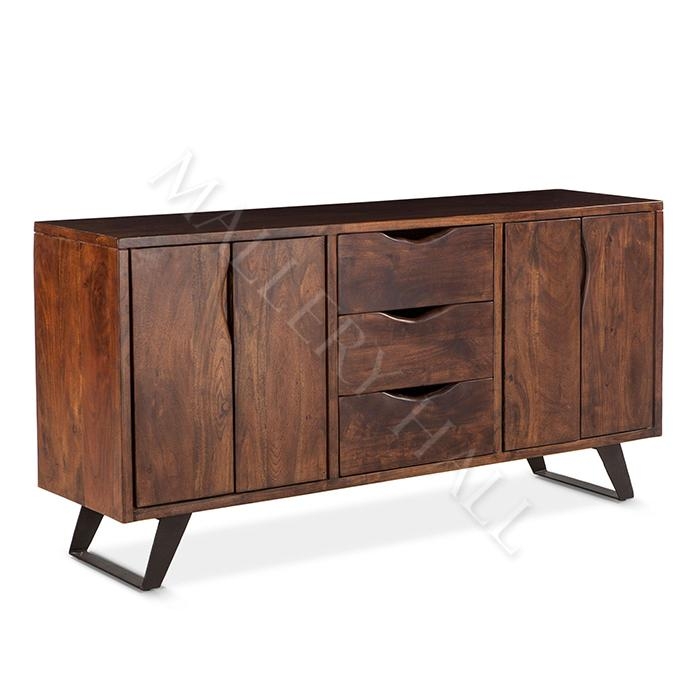 Weathered Wood Four-Door Sideboard Buffet with Iron Ring Pulls
